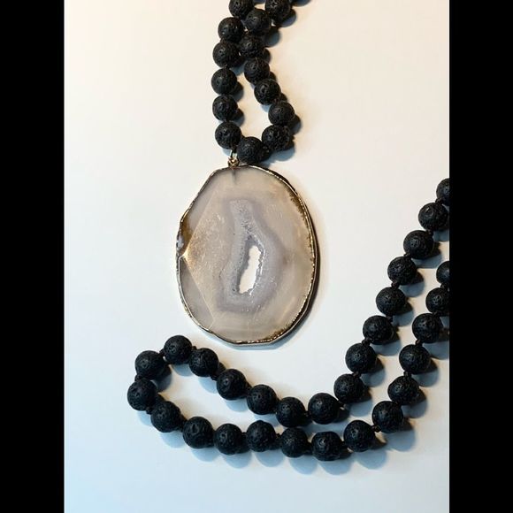 Lava bead necklace with druzy slice pendant, 34” - Picture 2 of 2